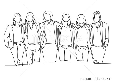 Continuous one line drawing group of women are hugging. Female together. Happy friendship day with diverse friends of people hugging to celebrate special event. Single line design vector illustration Continuous one line drawing group of women are hugging. Female together. Happy friendship day with diverse friends of people hugging to celebrate special event. Single line design vector illustration 117889641