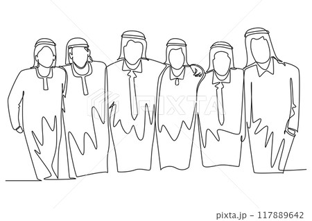 Continuous one line drawing group of Arabian men are hugging. Male together. Happy friendship day with diverse friends of people hugging together. Single line draw design vector graphic illustration 117889642