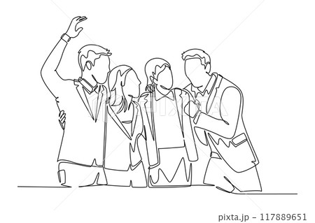 Single continuous line drawing of young happy male and female manager standing together and hugging each other to show their unity bonding. Friendship concept. One line draw design vector illustration 117889651