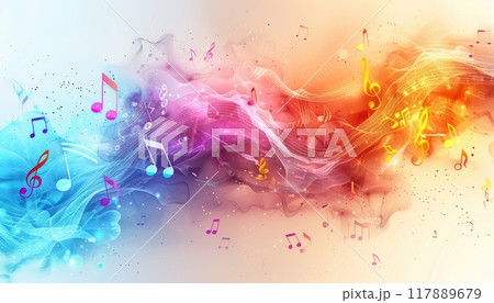 A colorful, abstract background with many musical notes scattered throughout by AI generated image 117889679