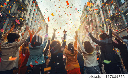 A group of people are celebrating with confetti by AI generated image A group of people are celebrating with confetti by AI generated image 117889853