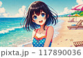 夏の海で水着を着た女の子がビーチで遊んでいる夏風景のイラスト 117890036