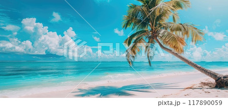 A palm tree is on a beach with a clear blue sky by AI generated image A palm tree is on a beach with a clear blue sky by AI generated image 117890059