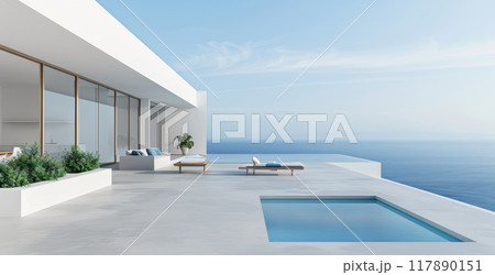 A large white house with a pool and a balcony overlooking the ocean by AI generated image 117890151