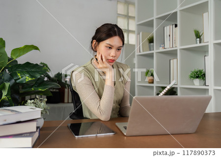 asian woman and laptop startup business for management creative with small business owner for branding asian woman and laptop startup business for management creative with small business owner for branding 117890373