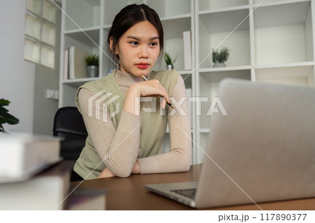 asian woman and laptop startup business for management creative with small business owner for branding asian woman and laptop startup business for management creative with small business owner for branding 117890377
