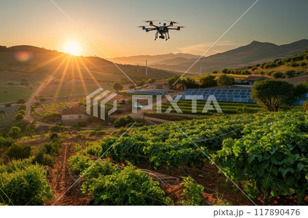 Farming with drone. agriculture and harvest technology innovation. Generative AI Farming with drone. agriculture and harvest technology innovation. Generative AI 117890476