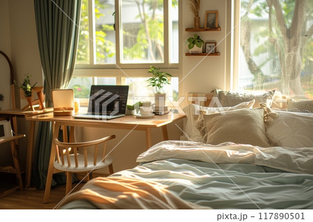 Interior bed room have space for working. Generative AI 117890501