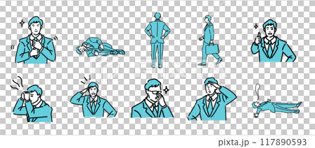 スーツ姿の男性のイラストのセット スーツ姿の男性のイラストのセット 117890593