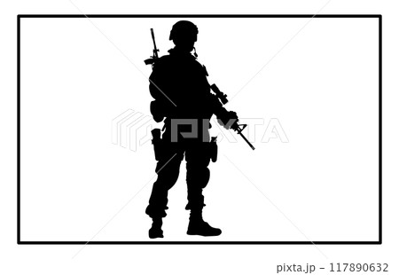 Soldier and Army Force Silhouettes, Army soldiers with gun silhouette 117890632