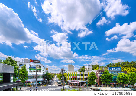 日本の横浜都市景観 8月・夏空が広がるあざみ野駅前などを望む 117890685