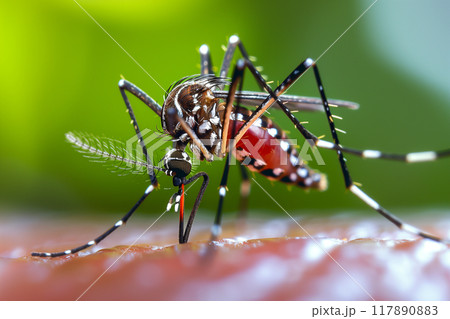 Dengue hemorrhagic fever, aedes mosquito sucking human blood on skin. 117890883