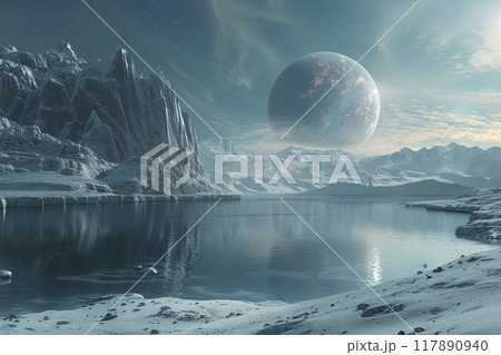 Futuristic Alien Planet with Icy Landscape. Generative AI 117890940
