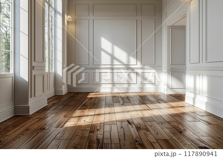 Empty room and wooden floor. Empty room for advertising. Generative AI 117890941