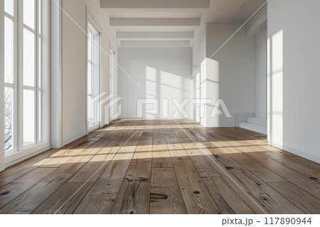 Empty room and wooden floor. Empty room for advertising. Generative AI 117890944