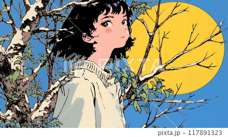 仲秋の名月と若い女性：月見