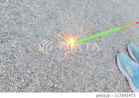 子供が楽しむ花火：花火が添加した瞬間 117891473