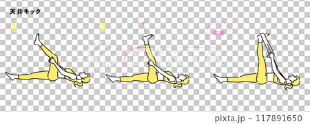 Set of illustrations of a young woman doing ceiling kicks 117891650