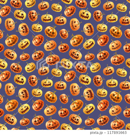 Halloween festive smiling spooky pumpkins seamless pattern decor. Hand drawn orange scary Halloween pumpkins on dark background. Autumn holiday backdrop for wrapping, fabric, textile 117891663