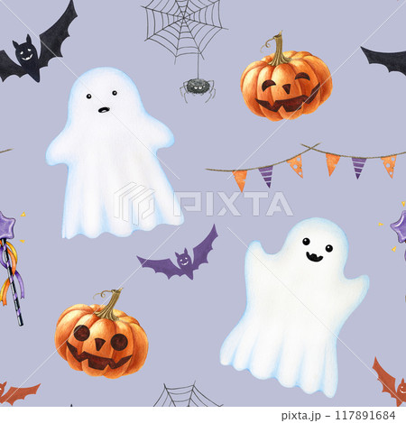 Halloween decor seamless pattern. Hand drawn painted illustration. Funny spooky ghosts, pumpkin, bat, spider web, flag garland in traditional colors. Halloween seamless pattern lavender background Halloween decor seamless pattern. Hand drawn painted illustration. Funny spooky ghosts, pumpkin, bat, spider web, flag garland in traditional colors. Halloween seamless pattern lavender background 117891684