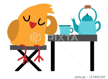 Vector bird sleeping by the table with kettle and teacup icon. Cartoon archeologist animal clipart. Historical dinosaur dig or excavations scientist or explorer illustration. Cute picture for kids 117892197