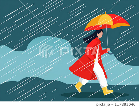 強い雨風の中、傘をさして歩く女性 Generative AI 強い雨風の中、傘をさして歩く女性 Generative AI 117893040
