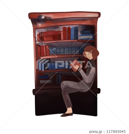 Girl dressed in vintage clothes near bookshelves in library or bookstore. 1960s style. University student with books. Calm and concentrated. Isolated watercolor illustration. Girl dressed in vintage clothes near bookshelves in library or bookstore. 1960s style. University student with books. Calm and concentrated. Isolated watercolor illustration. 117893045