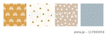 Bohemian Baby pattern. Set of Boho print for kids with bee, rainbow and flowers. Gender Neutral Nursery Cute Ornaments. Vector illustration in flat cartoon style Bohemian Baby pattern. Set of Boho print for kids with bee, rainbow and flowers. Gender Neutral Nursery Cute Ornaments. Vector illustration in flat cartoon style 117893058