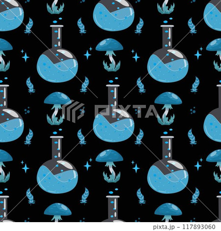 Halloween stories. Seamless pattern a glass potion bottle  117893060