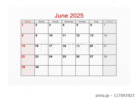 June 2025 Calendar page for 2025 year isolated on white background, Save clipping path. 117893925