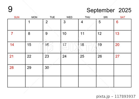 A September 2025 calendar template on white paper background. 117893937