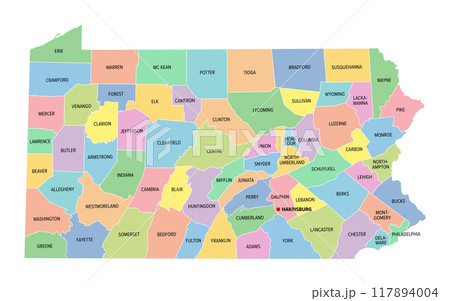 Pennsylvania, U.S. state, subdivided into 67 counties, multi colored political map with capital Harrisburg, and borders. State of the Mid-Atlantic and Northeastern USA, with nickname Keystone State. 117894004