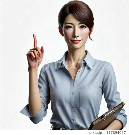 ここがポイントのポーズをする女性 ここがポイントのポーズをする女性 117894027