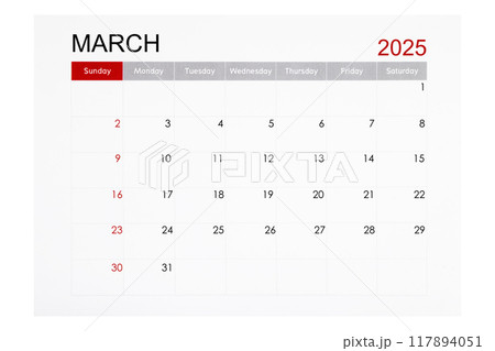 March 2025 monthly calendar page isolated on white background. March 2025 monthly calendar page isolated on white background. 117894051