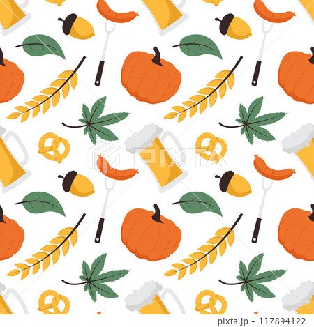 Festive Oktoberfest Seamless Pattern Design with Flat Cartoon Illustration 117894122