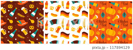 Festive Oktoberfest Seamless Pattern Design with Flat Cartoon Illustration 117894129