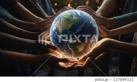 Diverse Hands Holding a Glowing Earth with Peace Symbols for International Day of Peace 117894321