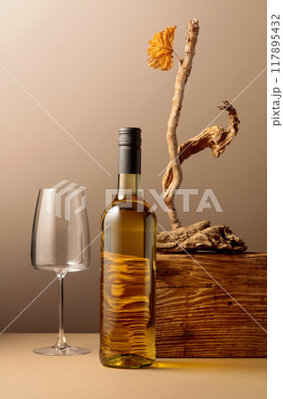 Bottle of white wine with a composition of old wood. Bottle of white wine with a composition of old wood. 117895432