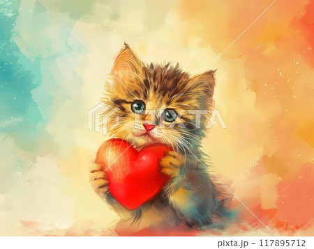 A Cute Kitten Holding a Red Heart 117895712