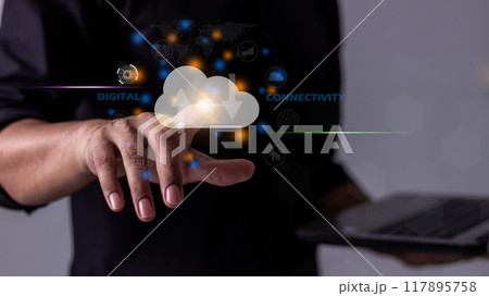 Young Man touch cloud computing diagram and laptop computer notebook in hand, 117895758