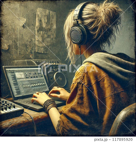 PCを見ながらヘッドホンをつけて音楽を聴いている女性の後ろ姿グランジ風 (Grunge Style) 117895920