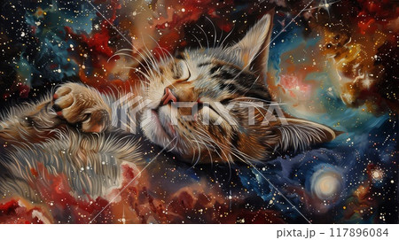 A Tabby Cat Asleep Amidst a Starry Night Sky 117896084