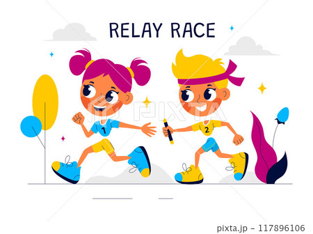 Relay Race Vector Illustration by Passing the Baton to Teammates Until Reaching the Finish Line in a Sports Championship on a Flat Cartoon Background Relay Race Vector Illustration by Passing the Baton to Teammates Until Reaching the Finish Line in a Sports Championship on a Flat Cartoon Background 117896106