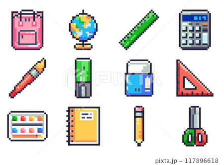 Pixel Art School Supplies Icons Set. Retro 8bit Collection of Essential Classroom Tools - backpack, globe, ruler, calculator, paintbrush, Highlighter, eraser, triangle, notebook, pencil, scissors,  117896618