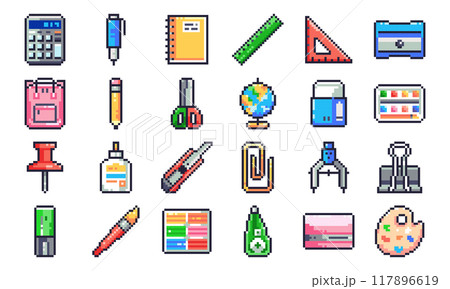 Pixel Art Complete School and Office Supplies Set. 8 Bit Stickers of Pixelated Stationery - Calculator, Pencil, Notebook, Ruler, Sharpener, Eraser, Scissors, Glue bottle, Globe, Utility Knife, Etc. 117896619