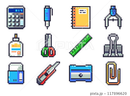 Pixel Art Office and School Tools Set. Retro 8bit Collection of Essential Stationery Icons. 117896620