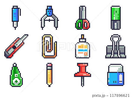 Pixel Art Stationery Icons Set. Retro 8bit office and school Supplies - mechanical pencil, geometry compass, scissors, highlighter marker, office utility knife, paperclip, glue bottle, binder clip,  117896621