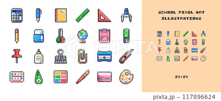 Pixel Art Collection of Classroom and Office Supplies Icons -  Calculator, Pen, Notebook, Rulers, Geometry Compass, Pencil, Sharpener, Rubber Eraser, Scissors, Glue, Paperclip, Backpack, Etc. 117896624