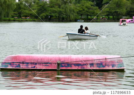 不忍池でボートに乗るカップル 117896633