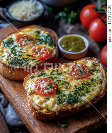 コーンとチーズを乗せたトースト 117897126